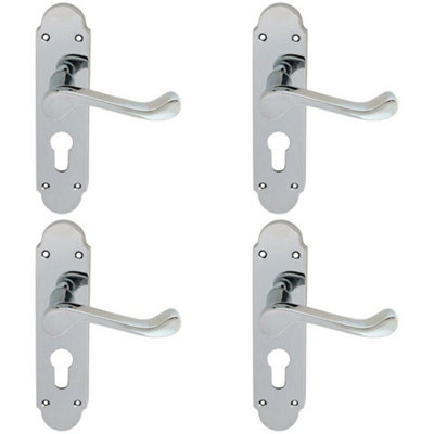 4x PAIR Victorian Upturned Lever on Euro Lock Backplate 170 x 42 Polished Chrome