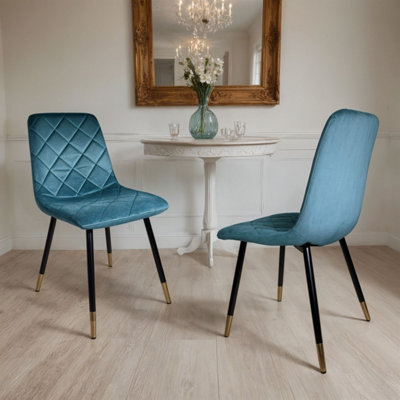 4x Plushore Turquoise Luxury Velvet Dining Chairs With Gold Tipped Black Legs