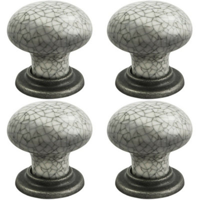 4x Porcelain Mushroom Cupboard Door Knob 36mm Dia Antique Steel Blue Glaze