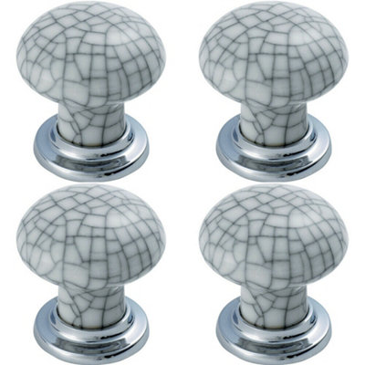 4x Porcelain Mushroom Cupboard Door Knob Glaze Design Polished & Matt Chrome