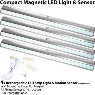 4x Rechargeable Magnetic LED Strip Light & PIR Motion Sensor - Cupboard Cabinet Kitchen Unit Mini Auto Spotlight