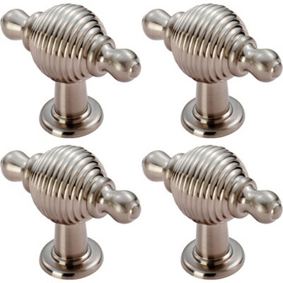 4x Reeded Beehive Style Cabinet Door Knob with Finials 26mm Dia Rose Nickel