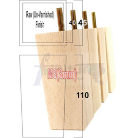 4x REPLACEMENT FURNITURE LEGS SOLID WOOD 110mm HIGH SOFAS CHAIRS SETTEE CABINETS LEGS M8 TSP2055 Raw
