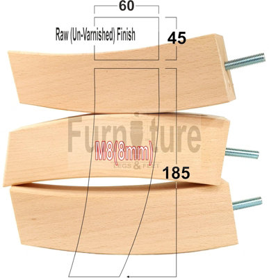 4x REPLACEMENT FURNITURE LEGS SOLID WOOD FEET 185mm HEIGHT SOFAS CHAIRS SETTEE CABINETS M8(8mm) TSP2022 (Raw)