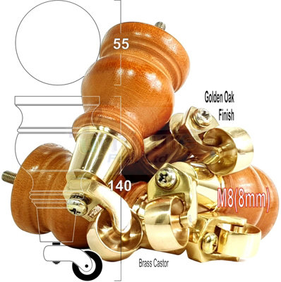 4x REPLACEMENT SOLID WOOD FURNITURE FEET WITH BRASS CASTOR LEGS 140mm