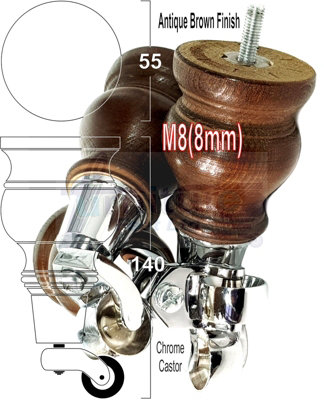 4x REPLACEMENT SOLID WOOD FURNITURE FEET WITH CHROME CASTOR LEGS 140mm HEIGHT  SOFAS CHAIRS STOOLS   M8(8mm) TSP2005