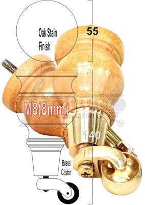 4x REPLACEMENT WOOD FURNITURE FEET WITH BRASS CASTOR LEGS 140mm HEIGHT M8(8mm)