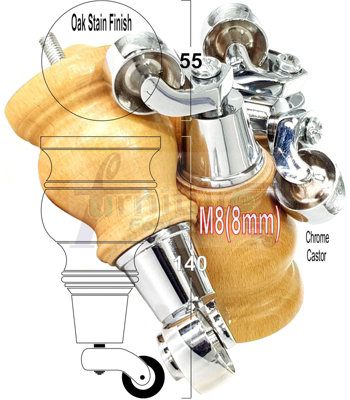 4x REPLACEMENT WOOD FURNITURE FEET WITH CHROME CASTOR LEGS 140mm HEIGHT M8(8mm)