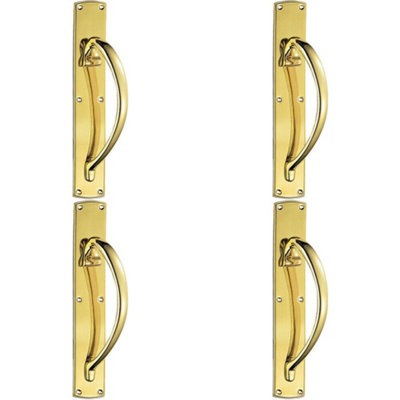 4x Right Handed Curved Door Pull Handle 457 x 75mm Backplate Polished Brass