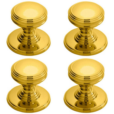 4x Ringed Tiered Cupboard Door Knob 25mm Diameter Polished Brass Cabinet Handle