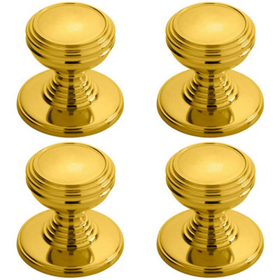 4x Ringed Tiered Cupboard Door Knob 30mm Diameter Polished Brass Cabinet Handle