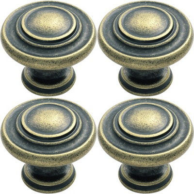 4x Round Ringed Pattern Door Knob 32mm Diameter Antique Brass Cabinet Handle