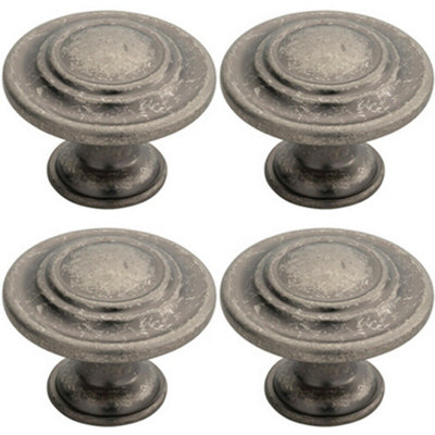 4x Round Ringed Pattern Door Knob 32mm Diameter Pewter Cabinet Handle