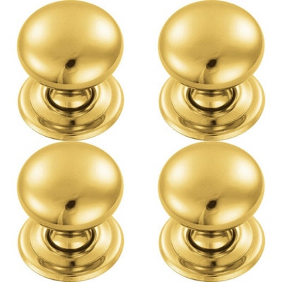 4x Round Victorian Cupboard Door Knob 32mm Dia Polished Brass Cabinet Handle