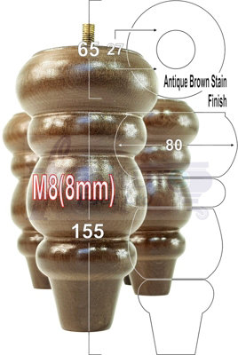 4x Solid Turned Wood Furniture Legs Chair Settee Feet 155mm 8mm Thread Antique Brown Stain