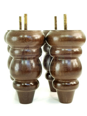 4x Solid Turned Wood Furniture Legs Chair Settee Feet 155mm 8mm Thread Antique Brown Stain
