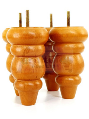 4x Solid Turned Wood Furniture Legs Chair Settee Feet 155mm 8mm Thread Golden Oak Stain