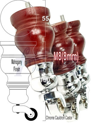 4x SOLID WOODEN FEET WITH CHROME CAULDRON CASTORS REPLACEMENT FURNITURE LEGS 145mm HEIGHT M8(8mm)