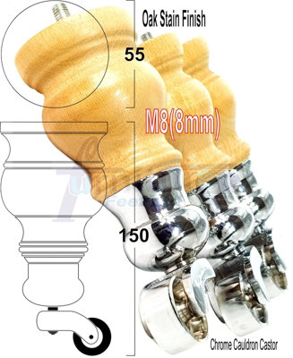 4x SOLID WOODEN FEET WITH CHROME CAULDRON CASTORS REPLACEMENT FURNITURE LEGS 145mm HEIGHT M8(8mm)