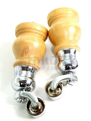4x SOLID WOODEN FEET WITH CHROME CAULDRON CASTORS REPLACEMENT FURNITURE LEGS 145mm HEIGHT M8(8mm)
