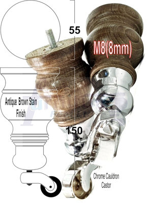 4x SOLID WOODEN FEET WITH CHROME CAULDRON CASTORS REPLACEMENT FURNITURE LEGS 145mm HEIGHT  SOFAS CHAIRS STOOLS  M8(8mm) TSP2005