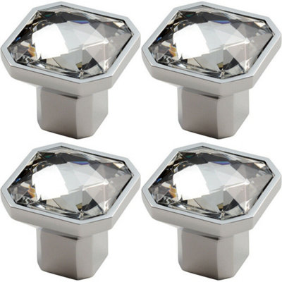 4x Square Faceted Crystal Cupboard Door Knob 32 x 32 x 32mm Polished Chrome