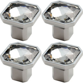 4x Square Faceted Crystal Cupboard Door Knob 32 x 32 x 32mm Polished Chrome