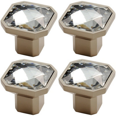 4x Square Faceted Crystal Cupboard Door Knob 32 x 32 x 32mm Satin