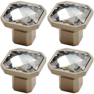 4x Square Faceted Crystal Cupboard Door Knob 32 x 32 x 32mm Satin Nickel Handle