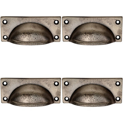 4x Square Plate Cabinet Cup Handle 90 x 40.5mm 77 x 28mm Fixings Pewter