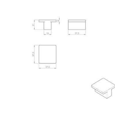 4x Square T Shape Cupboard Door Knob 38 x 38mm Satin Nickel Cabinet Handle