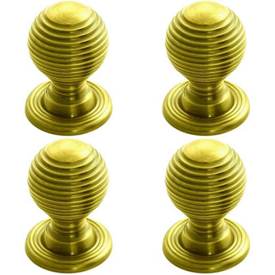 4x Textured Reeded Ball Cupboard Door Knob 28mm Dia Polished Brass Handle