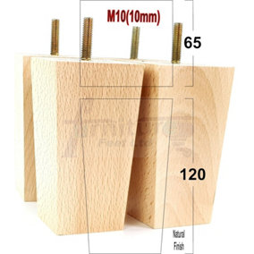 4x Wood Furniture Legs M10 120mm High Natural Finish Replacement Square Tapered Sofa Feet Stools Chairs Sofas Cabinets Beds PKC147