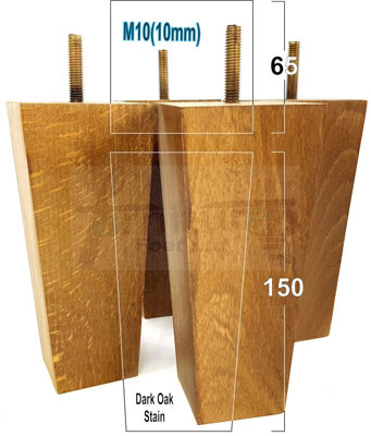 4x Wood Furniture Legs M10 150mm High Dark Oak Stain Replacement Square
