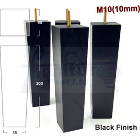 4x Wood Furniture Legs M10 200mm High Black Replacement Square Tapered Sofa Feet Stools Chairs Sofas Cabinets Beds