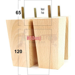 4x Wood Furniture Legs M8 120mm High Natural Finish Replacement Square Tapered Sofa Feet Stools Chairs Sofas Cabinets Beds PKC147