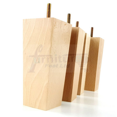 4x Wood Furniture Legs M8 150mm High Natural Finish Replacement Square ...
