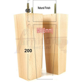 4x Wood Furniture Legs M8 200mm High Natural Finish Replacement Square Tapered Sofa Feet Stools Chairs Sofas Cabinets Beds