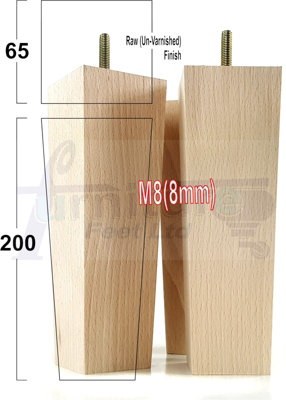 4x Wood Furniture Legs M8 200mm High Raw Unfinished Replacement Square Tapered Sofa Feet Stools Chairs Sofas Cabinets Beds