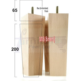 4x Wood Furniture Legs M8 200mm High Raw Unfinished Replacement Square Tapered Sofa Feet Stools Chairs Sofas Cabinets Beds