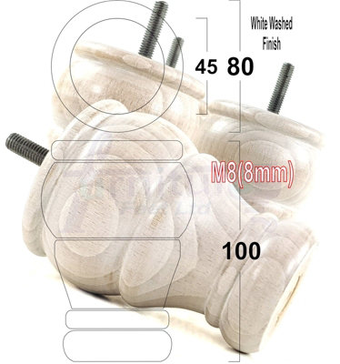 4x WOODEN BUN FEET REPLACEMENT FURNITURE LEGS WHITE WASHED SOFAS CHAIRS