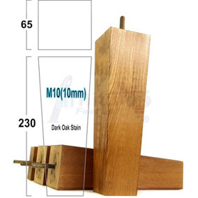 4x Wooden Furniture Legs M10 230mm High Dark Oak Stain Replacement Square Tapered Sofa Feet Stools Chairs Cabinets Beds