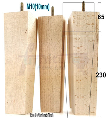 4x Wooden Furniture Legs M10 230mm High Raw Unfinished Replacement Square Tapered Sofa Feet Stools Chairs Cabinets Beds