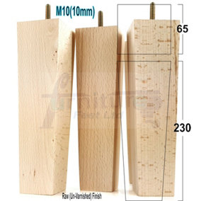 4x Wooden Furniture Legs M10 230mm High Raw Unfinished Replacement Square Tapered Sofa Feet Stools Chairs Cabinets Beds