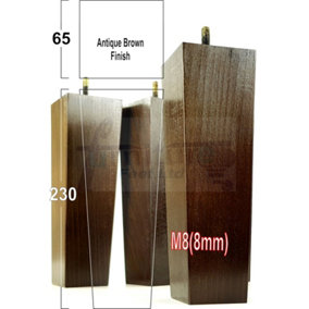 4x Wooden Furniture Legs M8 230mm High Antique Brown Replacement Square Tapered Sofa Feet Stools Chairs Cabinets Beds