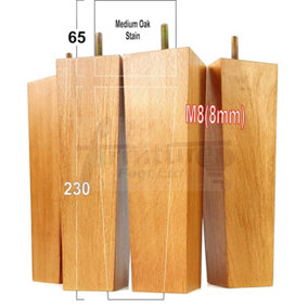 4x Wooden Furniture Legs M8 230mm High Golden Oak Stain Replacement Square Tapered Sofa Feet Stools Chairs Cabinets Beds