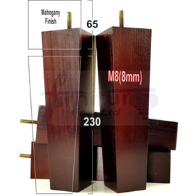 4x Wooden Furniture Legs M8 230mm High Mahogany Finish Replacement Square Tapered Sofa Feet Stools Chairs Cabinets Beds
