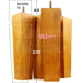 4x Wooden Furniture Legs M8 230mm High Medium Oak Wash Replacement Square Tapered Sofa Feet Stools Chairs Cabinets Beds