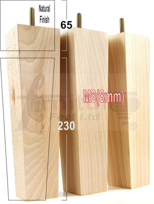 4x Wooden Furniture Legs M8 230mm High Natural Finish Replacement Square Tapered Sofa Feet Stools Chairs Cabinets Beds