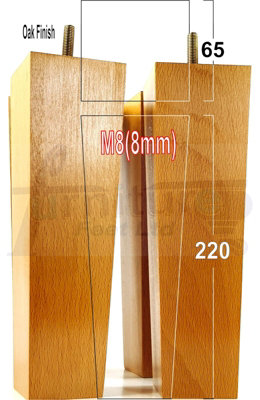 4x Wooden Furniture Legs M8 230mm High Oak Finish Replacement Square Tapered Sofa Feet Stools Chairs Cabinets Beds